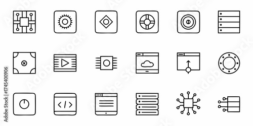 Modern tech icon set featuring cloud computing, data servers, and website development symbols for software design and technology solutions, originally a scalable vector graphic