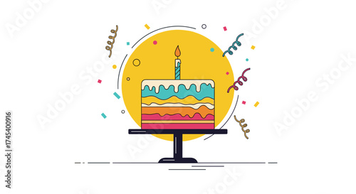 A colorful birthday cake with a single candle lit on top sits on a stand surrounded by confetti.