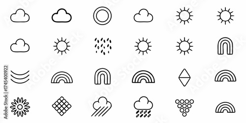 Weather forecast icons for app development and user interfaces, featuring sunshine, clouds, rain, and rainbows, perfect for weather apps and graphic design projects