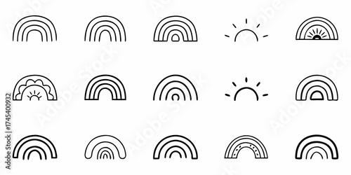 Delightful Hand Drawn Rainbows and Half Sun Icons for Playful Designs, Perfect for Children's Themes and Whimsical Projects, Offers a Touch of Joyful Creativity