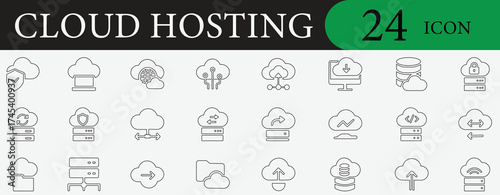 Minimal cloud hosting line icons for server, data storage, network, backup, computing, database, security, and web technology projects