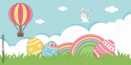 Horizontal banner featuring layered paper-cut clouds, bunnies, Easter eggs, and a bright spring dark sky background. 