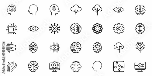 Diverse line icons showcase artificial intelligence, technology, and human intellect, perfect for illustrating innovation, modern science, and futuristic concepts in design