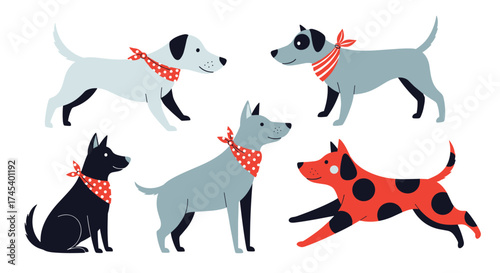 A collection of happy dogs wearing bandanas enjoying their day.