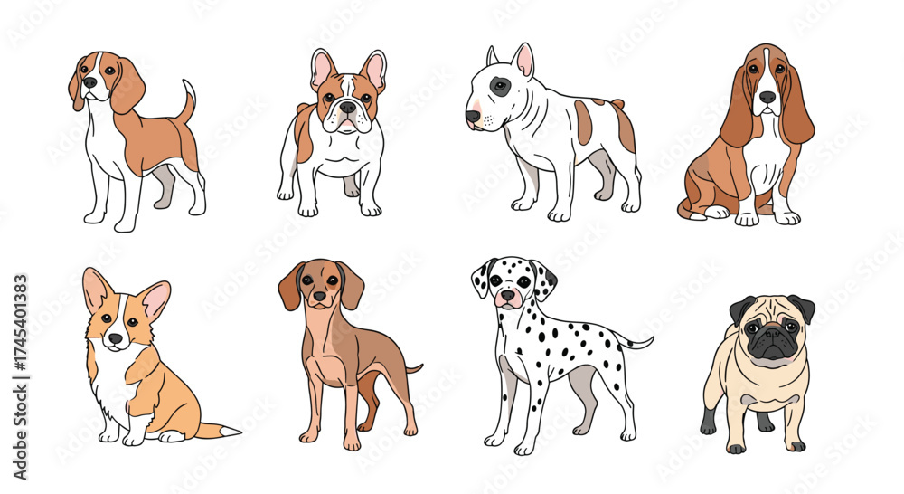 Fototapeta premium A diverse collection of adorable dog breeds in a playful illustration.