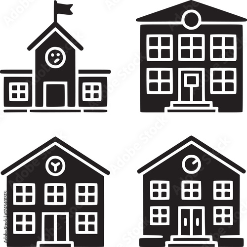 A set of four black and white building icons depicting different architectural styles and designs