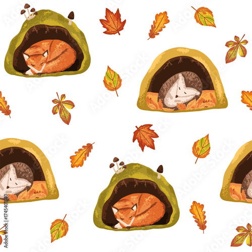 Autumn seamless pattern with sleeping fox and hedgehog in hole den