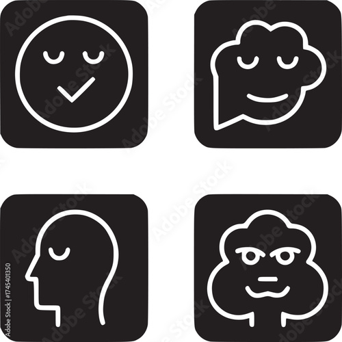 Four black squares each containing a white icon representing different states of mind and emotions
