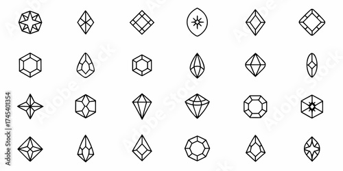Discover stunning gemstone cut icons showcasing diverse diamond shapes and precious stone facets, perfect for luxury jewelry branding and elegant design projects.
