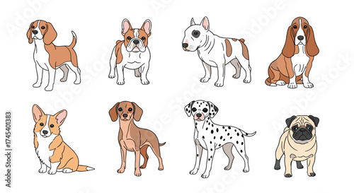 A diverse collection of adorable dog breeds in a playful illustration.