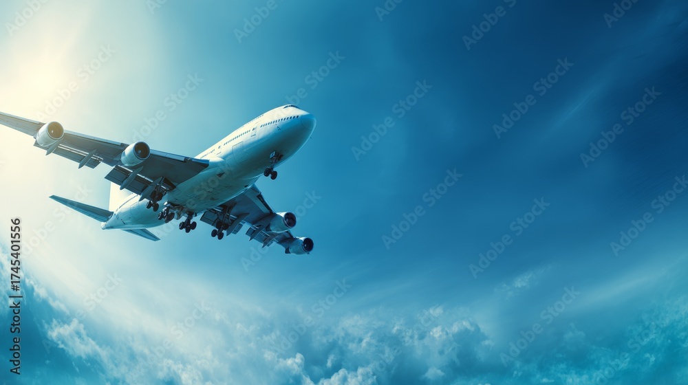 Fototapeta premium Commercial airplane flying across clear blue sky with copy space, modern aviation banner background for airline, travel, transportation, tourism, business trip and global journey concepts