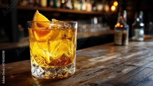 Whiskey cocktail with orange twist on bar