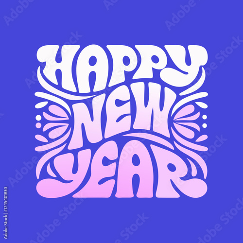 Retro groovy happy new year lettering with pink and white gradient on blue background text greeting