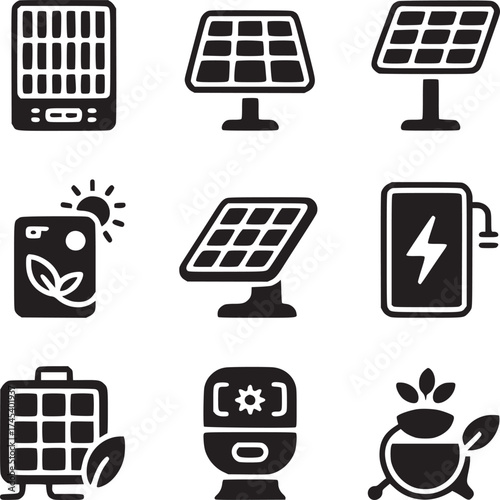 Collection of black and white icons representing solar panels and renewable energy sources in a grid layout