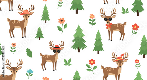 Cute cartoon deer with hats and sunglasses surrounded by trees and flowers.
