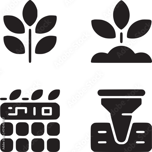 A set of four black and white icons depicting plant growth calendar and a funnel like object