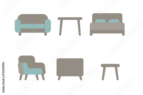 Minimalist furniture icons for modern living room and bedroom interior design elements