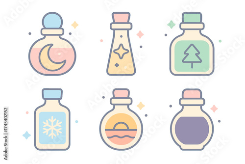 Six stylized magic potion bottles featuring seasonal and celestial icons