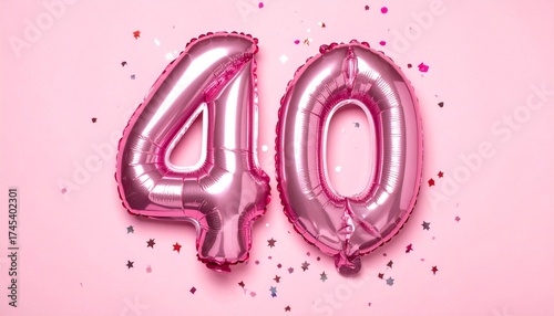 Pink balloon number 40 with confetti on solid colored background. Photo for anniversary or birthday party