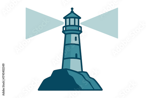 Traditional coastal lighthouse standing on rocky outcrop projecting strong light beams