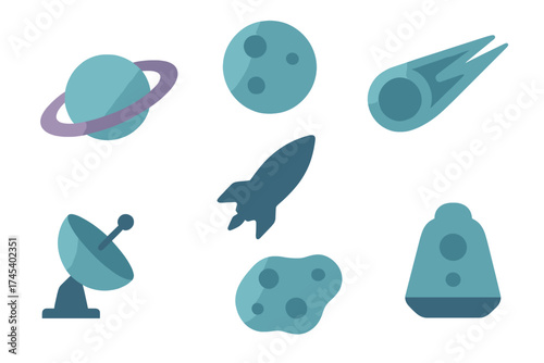 Stylized icons for space exploration, celestial bodies, and astronomical technology