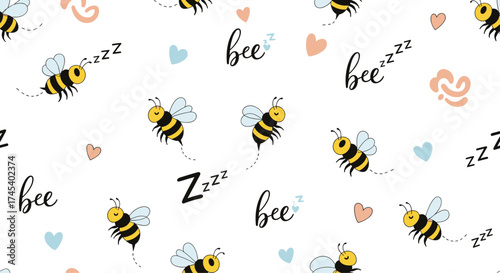 Adorable bees are sleeping peacefully among soft hearts and abstract shapes.