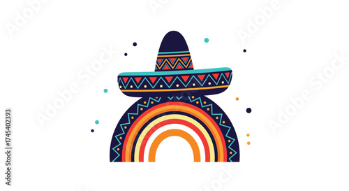 A festive sombrero adorns a colorful rainbow arch with scattered confetti.