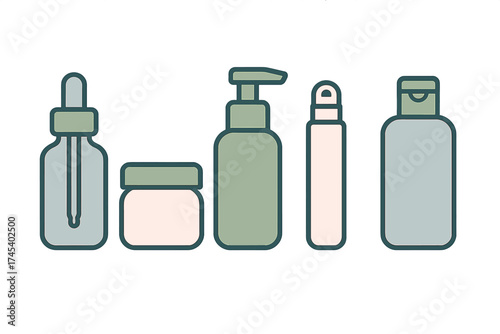 Minimalist set of cosmetic packaging containers dropper bottle cream jar pump dispenser