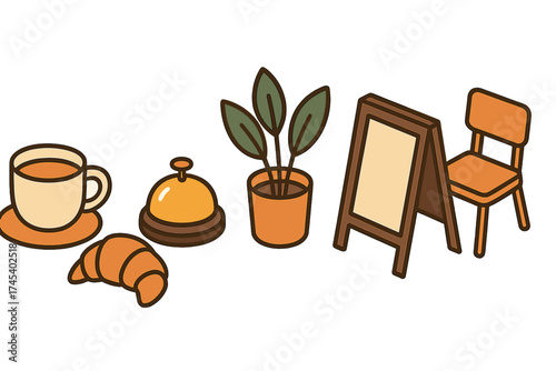 Cafe and hospitality objects set including coffee cup, croissant, bell, and menu board
