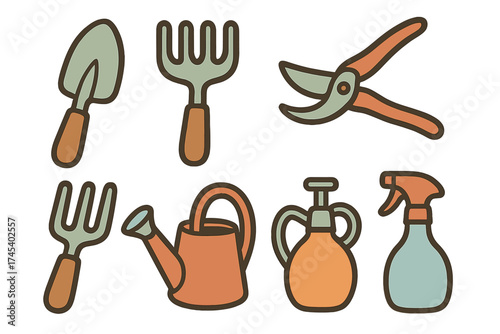 Essential gardening tools collection including trowel hand fork and watering can