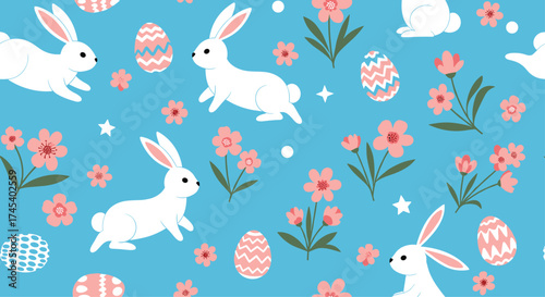 A delightful pattern of white bunnies and pink flowers on a blue background.