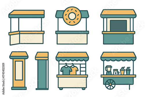 Collection of various outdoor market stalls and food vendor kiosks