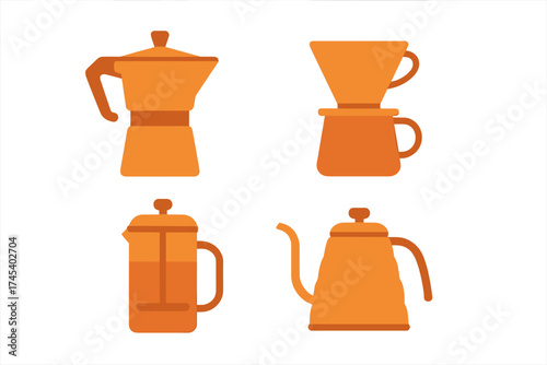 Essential coffee brewing equipment icons including Moka pot, French press, and pour over kettle