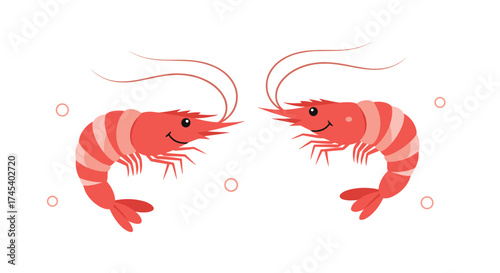 Two red shrimp swimming in clear water surrounded by bubbles.
