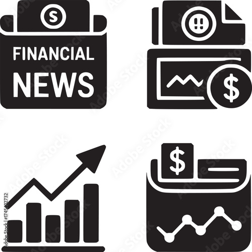 Four financial icons showing news report graph and dollar sign in black on a white background design