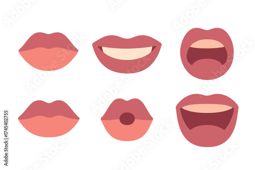 Six human mouth shapes showing various facial expressions and emotions