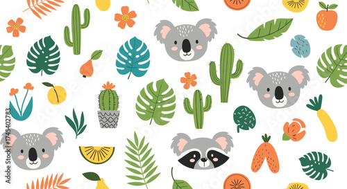 A whimsical pattern of cute animals and tropical foliage.