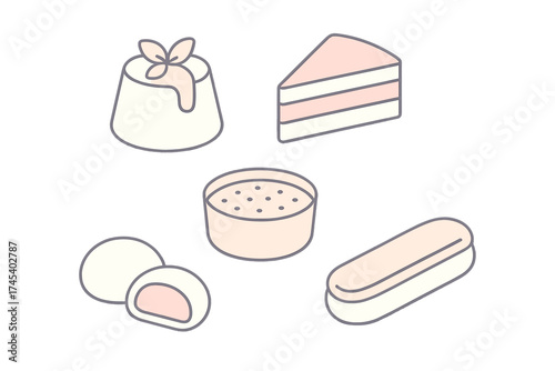 Isometric collection of sweet desserts including cake slice, mochi, eclair, and panna cotta