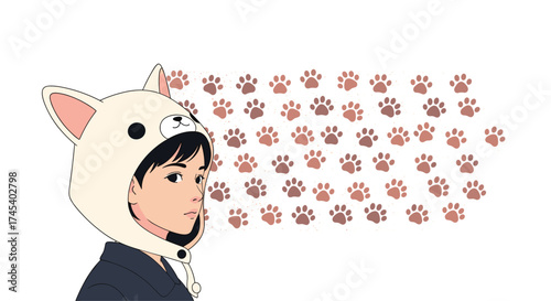 A person wearing a cute dog hat with paw prints trailing behind them.
