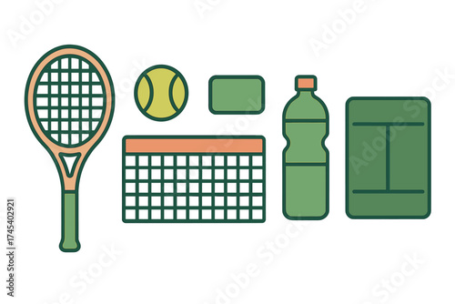 Flat design icon set of essential tennis equipment including racket, ball, net, and court