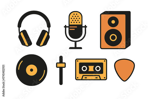 Essential music production and audio recording equipment icons: headphones, microphone, speaker, and vinyl record