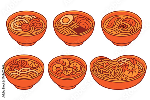 Collection of Asian noodle soup bowls including ramen, pho, and udon