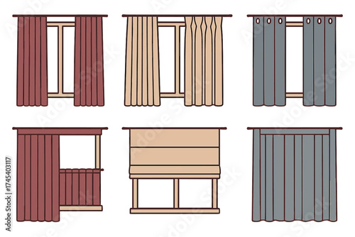 Assortment of home interior window coverings including drapes, curtains, and roman shades