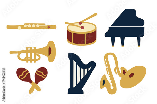 Collection of classic musical instruments including piano, saxophone, trumpet, drum, and harp