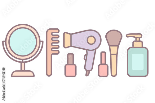 Pastel colored set of essential beauty and personal care accessories like mirror comb and hairdryer