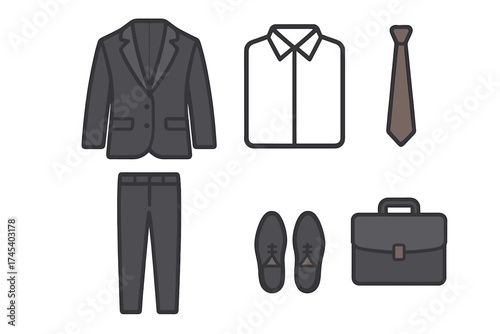 Professional business attire set including suit, shirt, tie, shoes, and briefcase