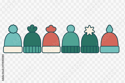 Row of six colorful winter knit hats with pom poms and cuffs in various styles for cold weather apparel