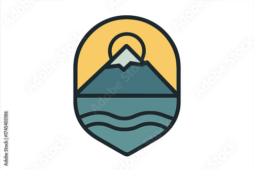 Minimalist geometric outdoor emblem with mountain peak water and rising sun in a shield
