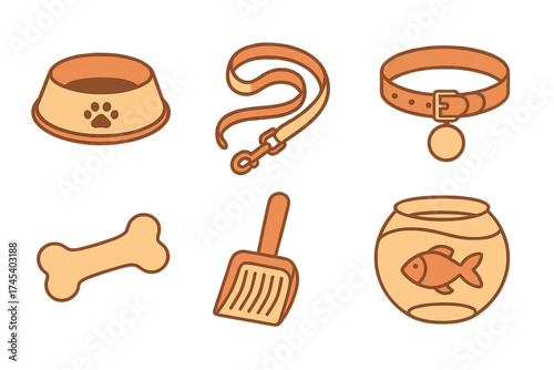 Essential pet care items icon set including dog accessories and fish tank