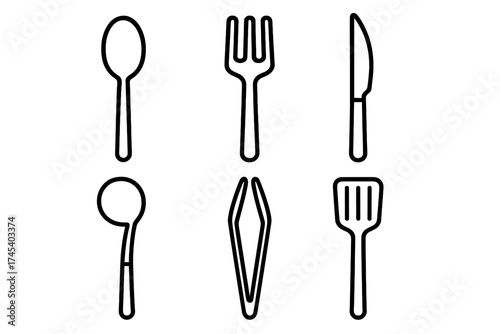 Essential kitchenware and tableware symbols including spoon fork knife and spatula icons